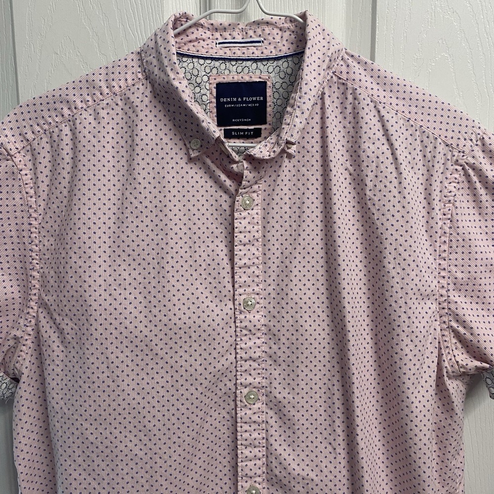 Denim & Flower Mens‎ Pink&Blue Polka Dot Button Up Short Sleeve Shirt M/40 Slim